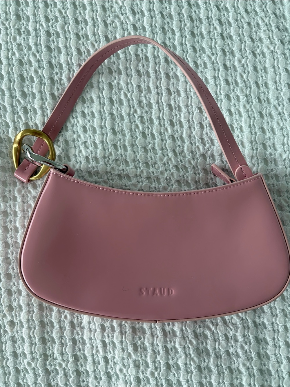 New STAUD Rose Pink Leather Mini Shoulder Bag with Gold & Silver Buckle